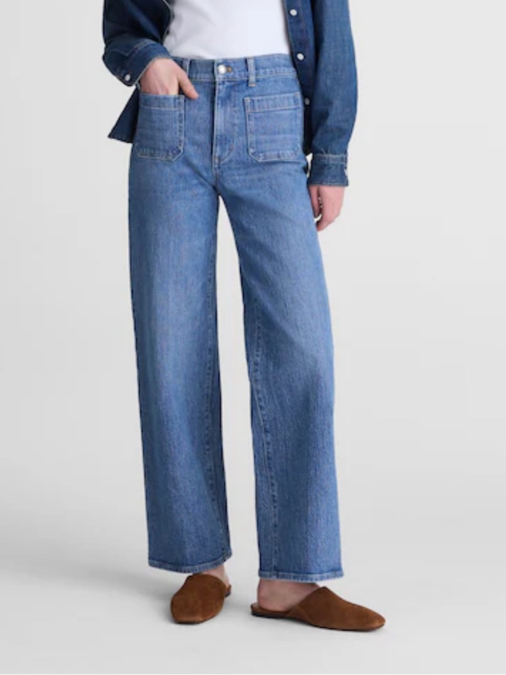 Madewell The Emmett Wide Leg Jean Full Length Patch Pockets Cotton Stretch Sz 31